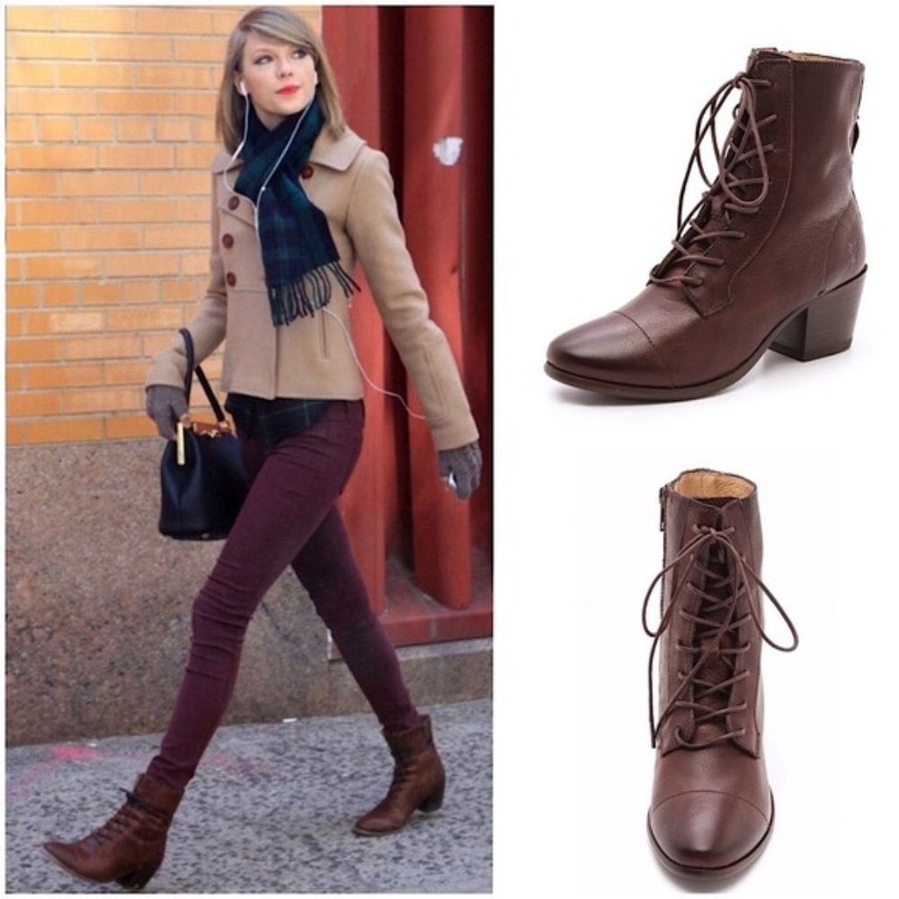 TAYLOR SWIFT Frye Courtney Cognac Leather Lace Up Low Heeled Comfy Ankle Bootie